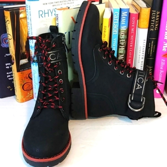 NAUTICA BLACK & RED LACE UP ANKLE BOOTS COMBAT MOTO BOOTS SIZE 5.5 NWOT - Picture 7 of 10